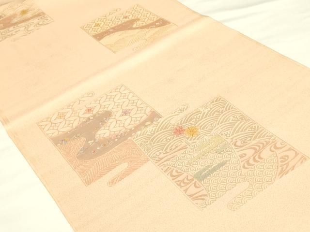 平和屋本店▼和装小物　帯揚げ　色紙風景文　金糸　丹後ちりめん　正絹　逸品　未使用　AABL9459ay