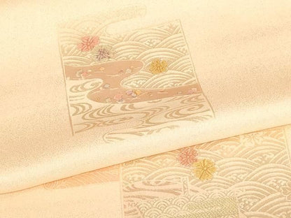 平和屋本店▼和装小物　帯揚げ　色紙風景文　金糸　丹後ちりめん　正絹　逸品　未使用　AABL9459ay