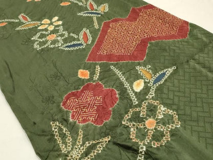 平和屋本店●和装小物　帯締め・帯揚げセット　丸組　絞り　刺繍　草花文　金糸　金彩　暈し　正絹　逸品　未使用　AABL9559ay