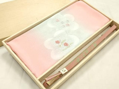 平和屋本店●和装小物　帯締め・帯揚げセット　高麗組 綾出し　刺繍　草花文　金糸　暈し染め　正絹　逸品　未使用　AABL9609ay
