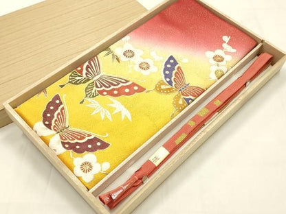 平和屋本店●和装小物　帯締め・帯揚げセット　高麗組　舞蝶花文　梅竹　金糸　金彩　暈し染め　正絹　逸品　未使用　AABL9616ay