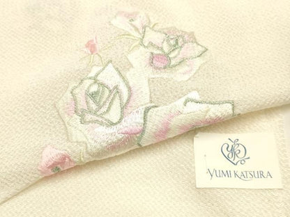 平和屋本店▼ブライダルファッションデザイナー・桂由美　和装小物　帯揚げ　刺繍　薔薇　バラ　正絹　逸品　未使用　AABL9641ay