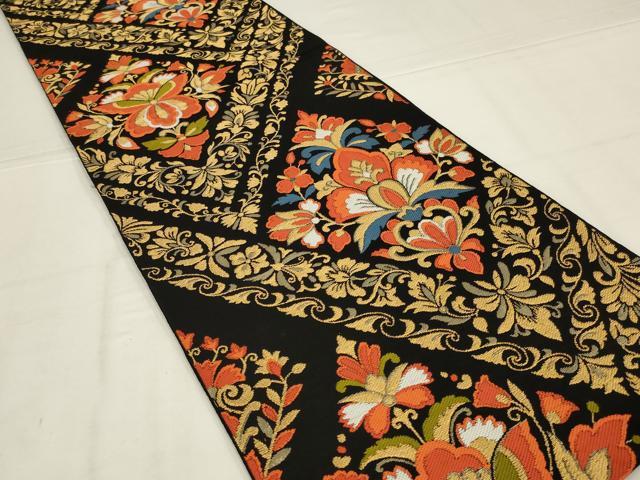 平和屋着物◎六通柄　本袋帯　唐織　花菱文　黒地　金糸　AABL9804ou