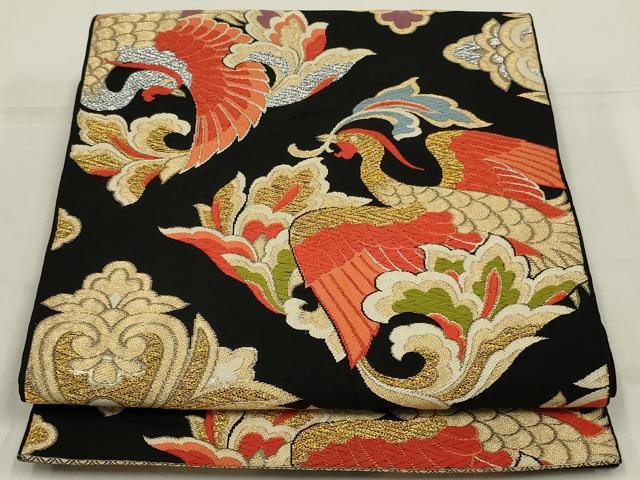 平和屋着物◎六通柄　本袋帯　唐織　花鳥文　黒地　金銀糸　正絹　逸品　AABL9805ou