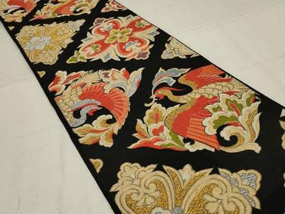 平和屋着物◎六通柄　本袋帯　唐織　花鳥文　黒地　金銀糸　正絹　逸品　AABL9805ou