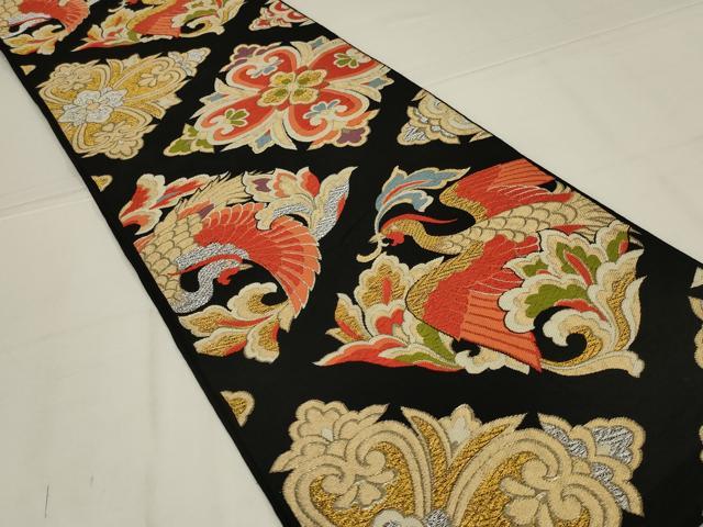平和屋着物◎六通柄　本袋帯　唐織　花鳥文　黒地　金銀糸　正絹　逸品　AABL9805ou