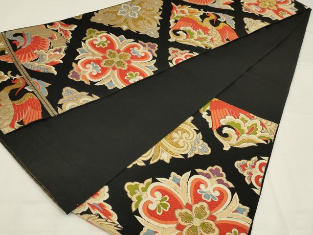 平和屋着物◎六通柄　本袋帯　唐織　花鳥文　黒地　金銀糸　正絹　逸品　AABL9805ou