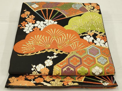 平和屋着物◎六通柄　本袋帯　唐織　扇面花文　松　金糸　正絹　逸品　AABL9806ou