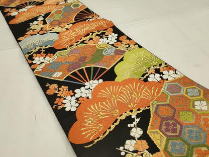 平和屋着物◎六通柄　本袋帯　唐織　扇面花文　松　金糸　正絹　逸品　AABL9806ou
