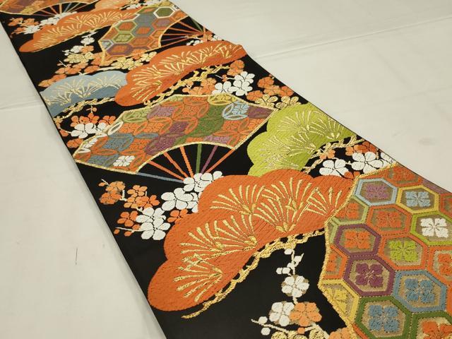 平和屋着物◎六通柄　本袋帯　唐織　扇面花文　松　金糸　正絹　逸品　AABL9806ou
