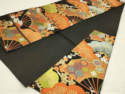 平和屋着物◎六通柄　本袋帯　唐織　扇面花文　松　金糸　正絹　逸品　AABL9806ou