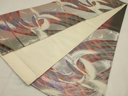平和屋着物◎六通柄袋帯　唐織　飛鶴文　金銀糸　正絹　逸品　AABL9807ou