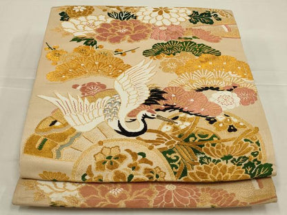 平和屋着物◎アンティーク　大正ロマン　丸帯　唐織　飛鶴花鼓文　金糸　正絹　逸品　AABL9808ou
