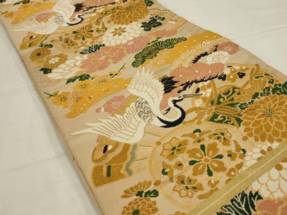 平和屋着物◎アンティーク　大正ロマン　丸帯　唐織　飛鶴花鼓文　金糸　正絹　逸品　AABL9808ou