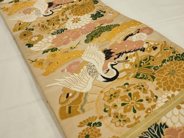 平和屋着物◎アンティーク　大正ロマン　丸帯　唐織　飛鶴花鼓文　金糸　正絹　逸品　AABL9808ou