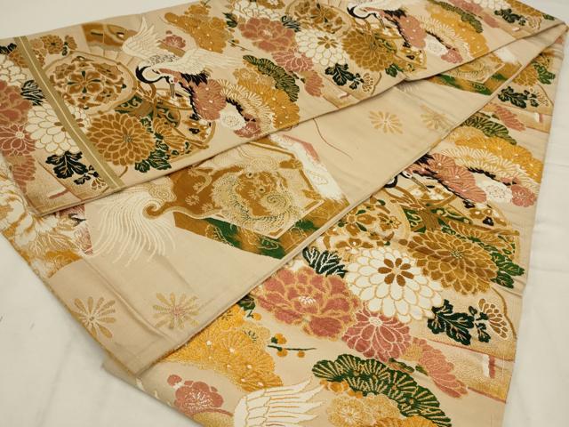 平和屋着物◎アンティーク　大正ロマン　丸帯　唐織　飛鶴花鼓文　金糸　正絹　逸品　AABL9808ou