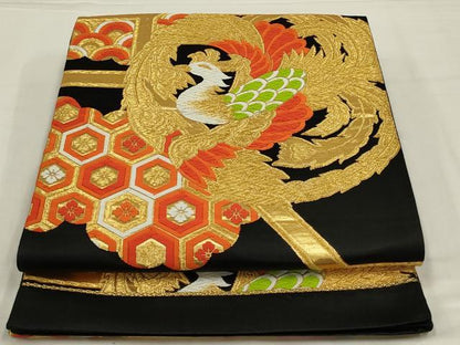 平和屋着物◎六通柄袋帯　唐織　吉祥舞蝶文　黒地　金糸　正絹　逸品　未使用　AABL9810ou