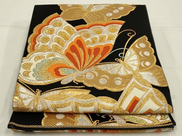 平和屋着物◎六通柄袋帯　唐織　舞蝶文　黒地　金銀糸　正絹　逸品　AABL9813ou
