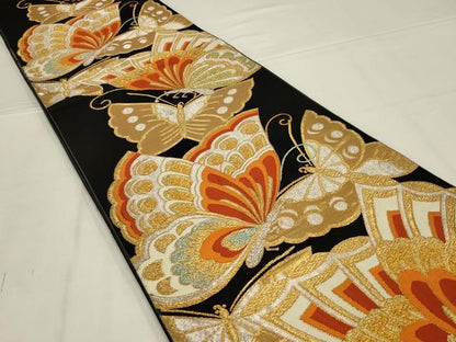 平和屋着物◎六通柄袋帯　唐織　舞蝶文　黒地　金銀糸　正絹　逸品　AABL9813ou