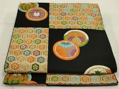平和屋着物◎六通柄袋帯　唐織　市松吉祥花文　黒地　金糸　正絹　逸品　AABL9814ou