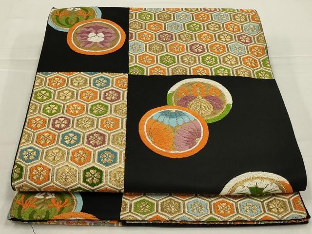 平和屋着物◎六通柄袋帯　唐織　市松吉祥花文　黒地　金糸　正絹　逸品　AABL9814ou