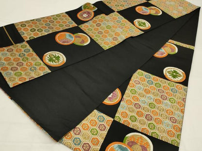 平和屋着物◎六通柄袋帯　唐織　市松吉祥花文　黒地　金糸　正絹　逸品　AABL9814ou