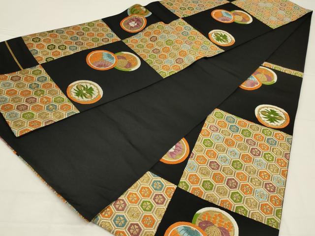 平和屋着物◎六通柄袋帯　唐織　市松吉祥花文　黒地　金糸　正絹　逸品　AABL9814ou