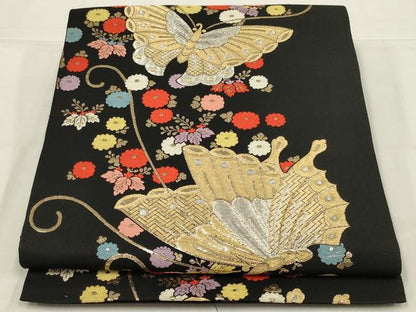 平和屋着物◎六通柄　本袋帯　唐織　舞蝶文　黒地　金銀糸　正絹　逸品　AABL9815ou
