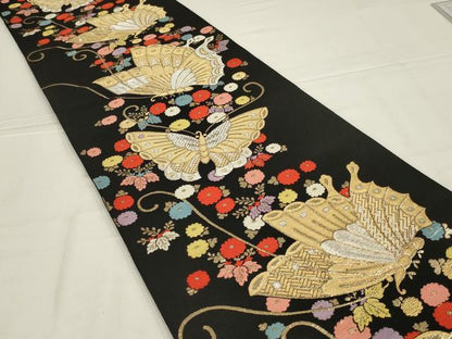 平和屋着物◎六通柄　本袋帯　唐織　舞蝶文　黒地　金銀糸　正絹　逸品　AABL9815ou