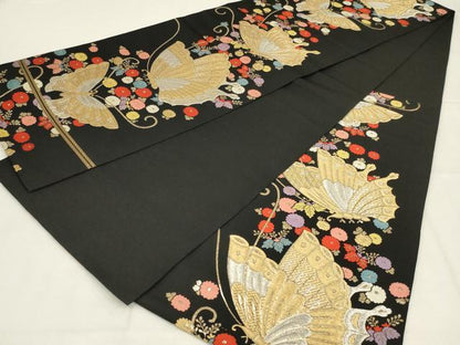 平和屋着物◎六通柄　本袋帯　唐織　舞蝶文　黒地　金銀糸　正絹　逸品　AABL9815ou
