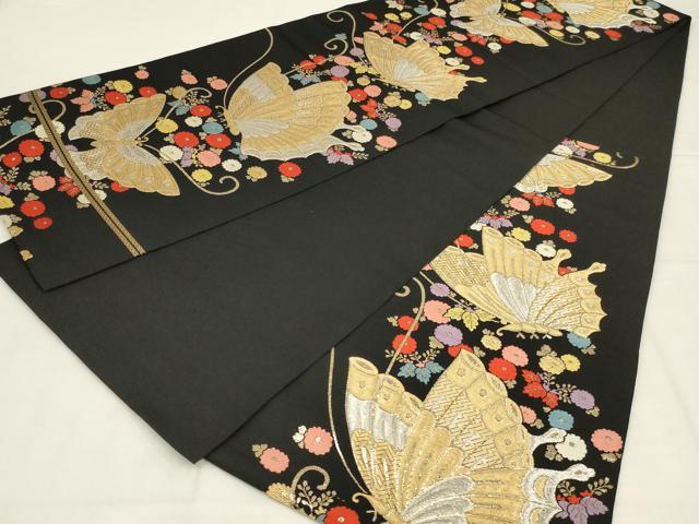 平和屋着物◎六通柄　本袋帯　唐織　舞蝶文　黒地　金銀糸　正絹　逸品　AABL9815ou