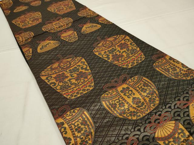 平和屋着物◎六通柄袋帯　仕覆文　黒地　金糸　正絹　逸品　AABL9816ou