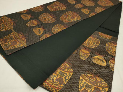 平和屋着物◎六通柄袋帯　仕覆文　黒地　金糸　正絹　逸品　AABL9816ou