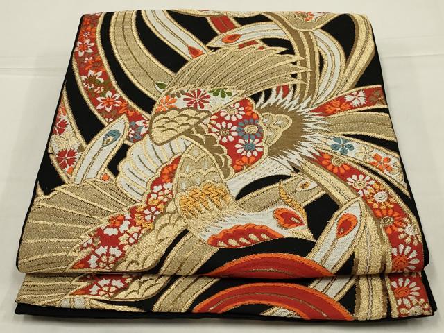 平和屋着物◎六通柄　本袋帯　唐織　都金綴　鳳凰花文　黒地　金糸　AABL9817ou