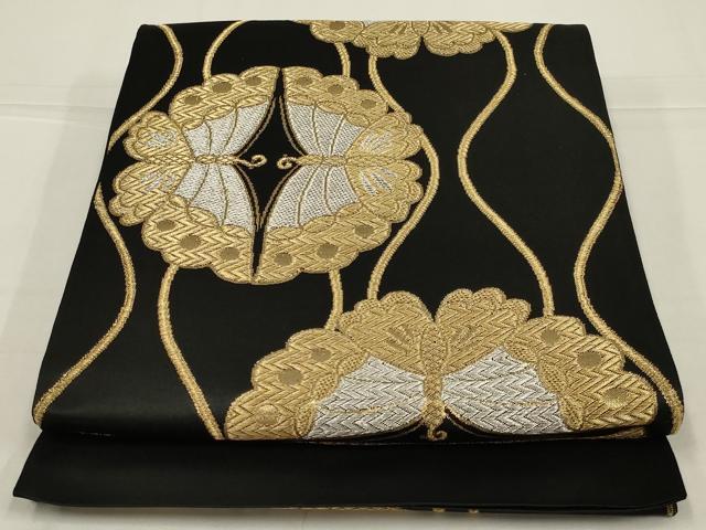 平和屋着物◎六通柄　本袋帯　舞蝶文　黒地　金銀糸　正絹　逸品　AABL9818ou