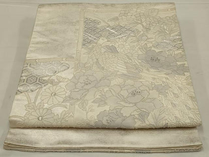平和屋着物◎中国三大刺繍　相良刺繍　太鼓柄袋帯　花鳥文　銀糸　正絹　逸品　AABL9819ou