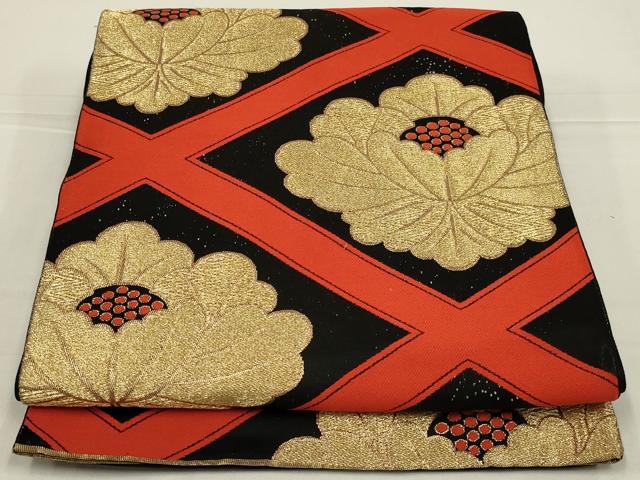 平和屋着物◎六通柄袋帯　花菱文　黒地　金糸　正絹　逸品　AABL9821ou