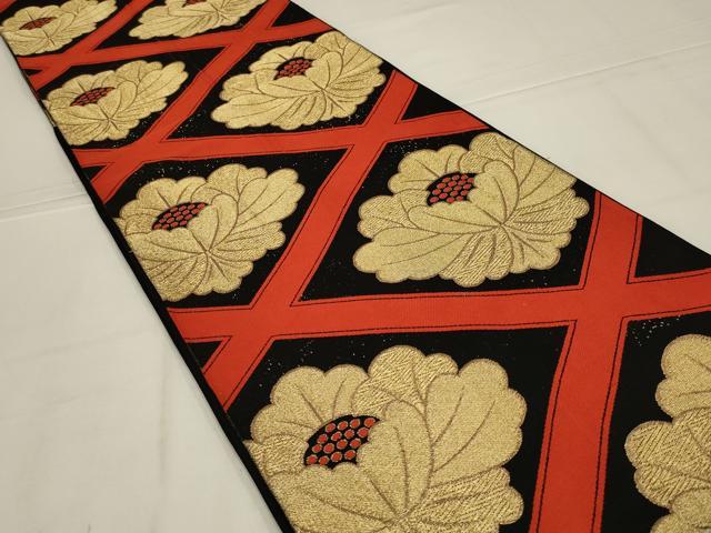 平和屋着物◎六通柄袋帯　花菱文　黒地　金糸　正絹　逸品　AABL9821ou