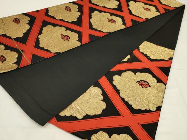 平和屋着物◎六通柄袋帯　花菱文　黒地　金糸　正絹　逸品　AABL9821ou