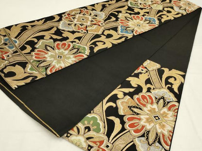 平和屋着物◎六通柄　本袋帯　唐織　更紗花文　黒地　金銀糸　AABL9827ou