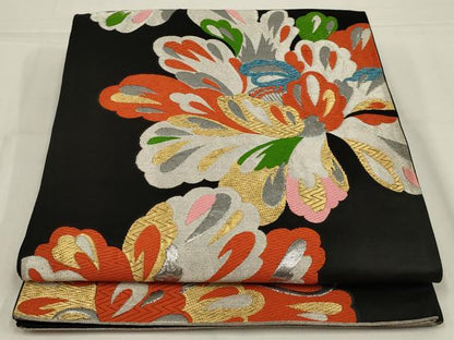平和屋着物◎六通柄袋帯　唐織　舞花文　黒地　金銀糸　正絹　逸品　AABL9828ou