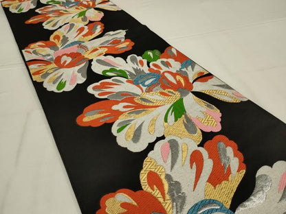 平和屋着物◎六通柄袋帯　唐織　舞花文　黒地　金銀糸　正絹　逸品　AABL9828ou