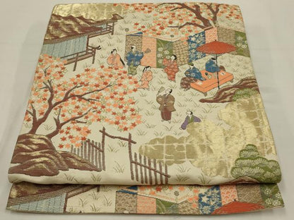 平和屋着物◎六通柄　京袋帯　唐織　人物風景文　金糸　正絹　逸品　AABL9832ou
