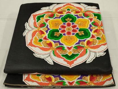 平和屋着物◎六通柄袋帯　唐織　正倉院花文　黒地　金糸　正絹　逸品　AABL9835ou
