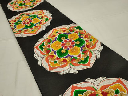 平和屋着物◎六通柄袋帯　唐織　正倉院花文　黒地　金糸　正絹　逸品　AABL9835ou