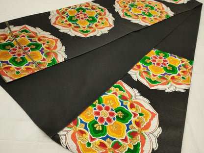 平和屋着物◎六通柄袋帯　唐織　正倉院花文　黒地　金糸　正絹　逸品　AABL9835ou