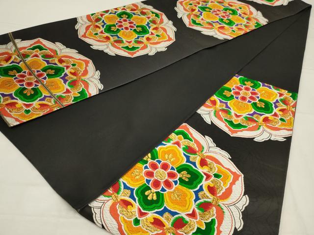 平和屋着物◎六通柄袋帯　唐織　正倉院花文　黒地　金糸　正絹　逸品　AABL9835ou