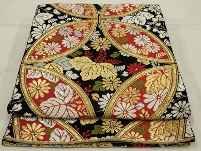平和屋着物◎西陣の名門　加納幸謹製　六通柄袋帯　唐織　七宝花文　黒地　金銀糸　正絹　逸品　AABL9839ou