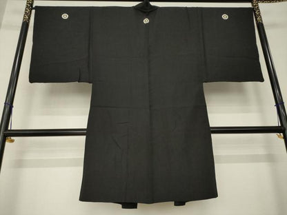 平和屋着物●男性　黒紋付　長羽織　正絹　逸品　AABM0020ck