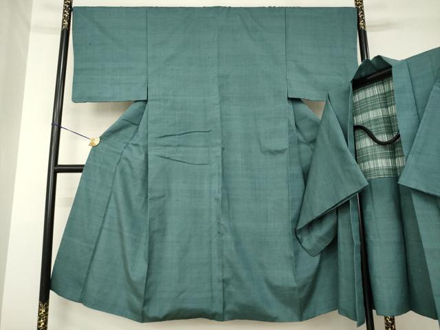 平和屋着物●男性　紬　アンサンブル　色無地　錆鼠色　正絹　逸品　AABM0026ck